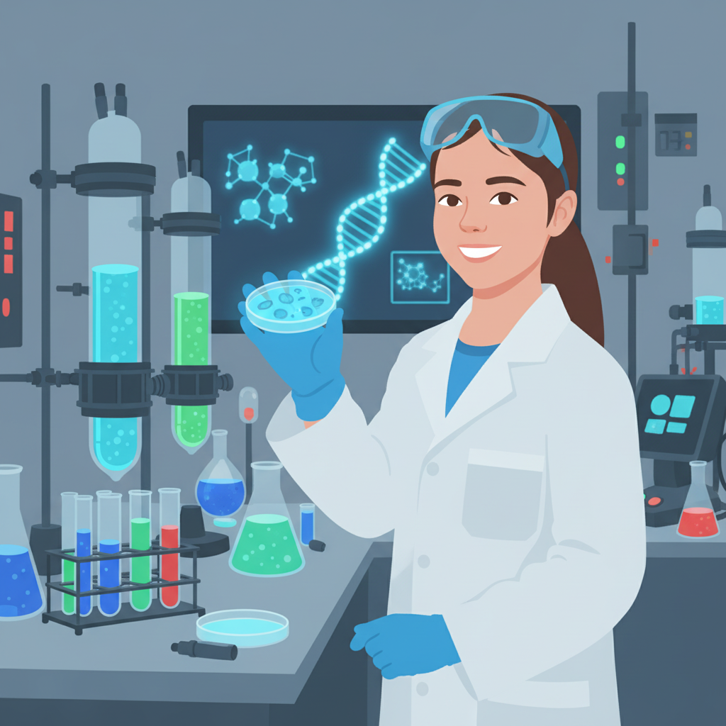 Young girl in a lab coat holding a glowing petri dish in a science lab.